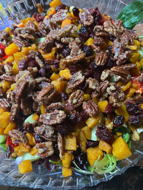 Candied Pecan, Cranberry, and Roasted Squash Salad￼